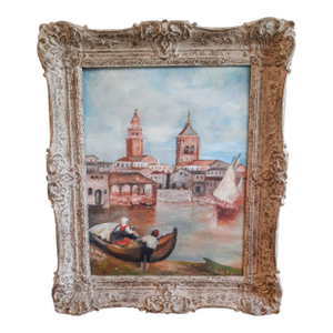 Italian Venetian Fisherman Village Seaside Painting Signed