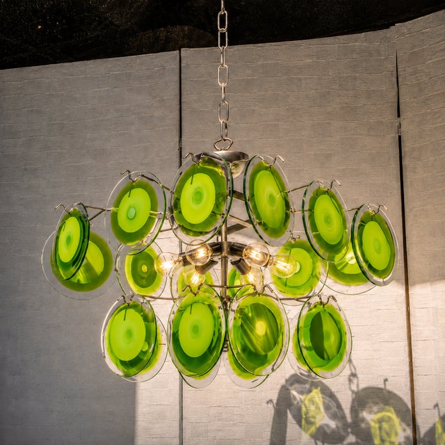 Metal Mid-Century Italian Modernist Chandelier by Gino Vistosi, 1970s Murano Green Glass Disc and Chrome For Sale - Image 7 of 8