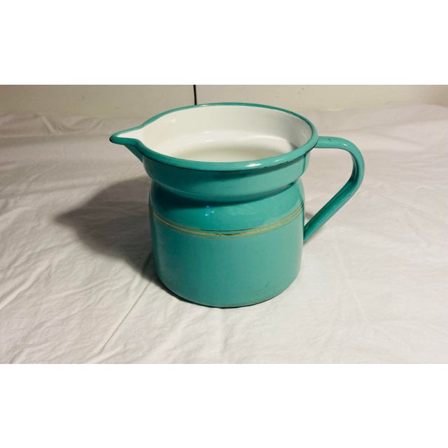 Vintage Large Enamelware Pitcher Aqua With White Interior Double Gold Stripes For Sale - Image 4 of 7