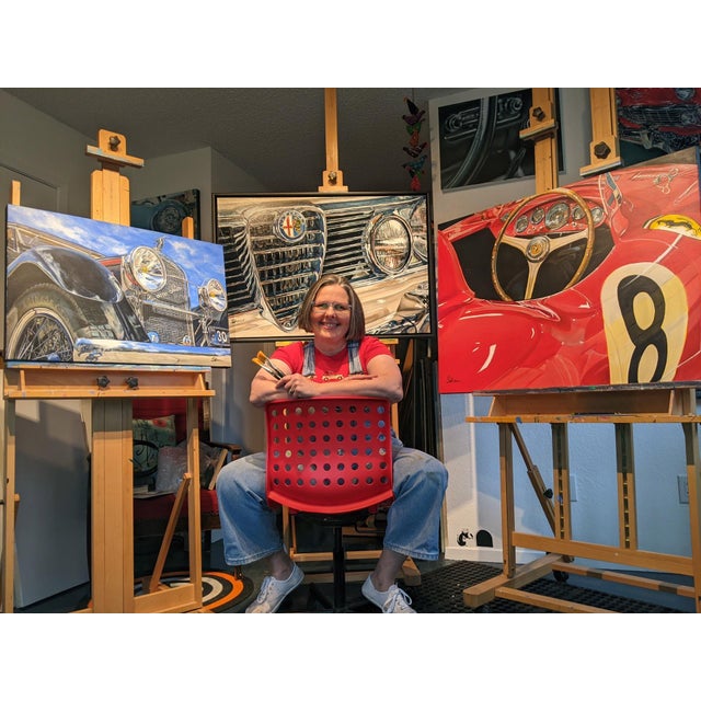 1954 Ferrari 750 Monza by Shan Fannin | Acrylic on Canvas Interior view of a classic race car. For Sale - Image 4 of 4