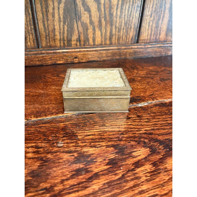 Asian Mid 20th Century Carved Stone (Possibly Jade) Trinket Box With Brass Frame and Wood Interior For Sale - Image 3 of 4