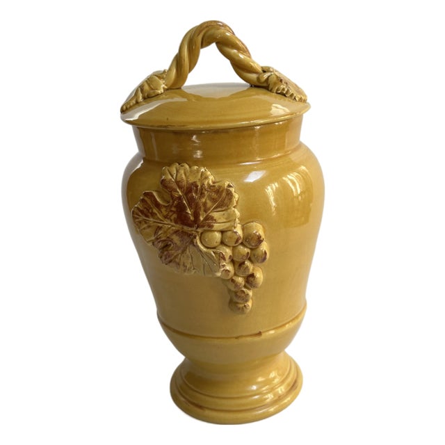 Vintage Arte Italica Ceramic "Sole Mustard" Collection 10" Tall Yellow Jar With Lid Grapes Leaves Design Made in Italy For Sale
