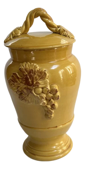 Vintage Arte Italica Ceramic "Sole Mustard" Collection 10" Tall Yellow Jar With Lid Grapes Leaves Design Made in Italy