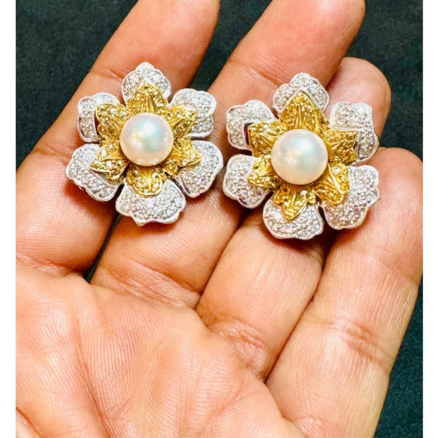 Diamond South Sea Pearl Platinum Large Flower Clip on Earrings, Two Tone For Sale - Image 4 of 8
