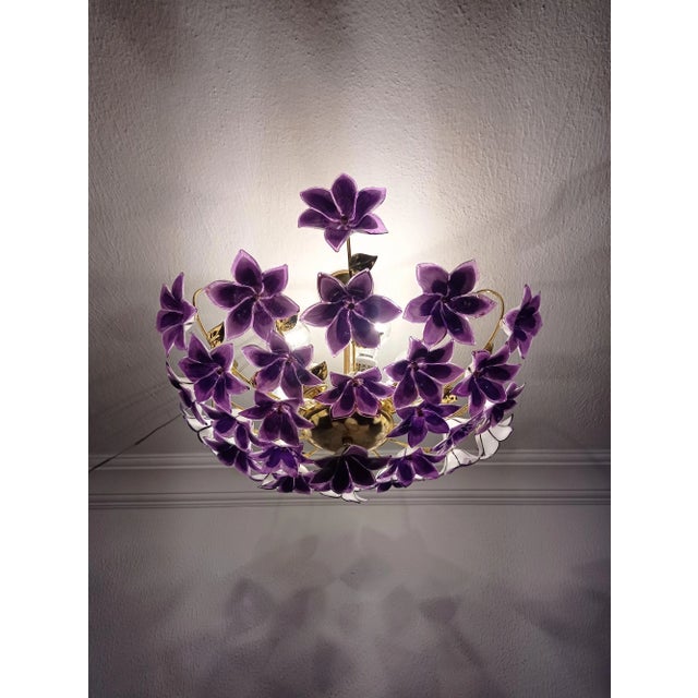 Art Deco Vintage 1970s Murano Purple Glass Semi-Flush Mount Calla Lily Hand Painted Chandelier For Sale - Image 3 of 12