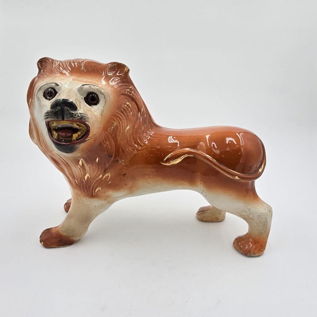 Ceramic Pair of Staffordshire Striding Lions For Sale - Image 7 of 10