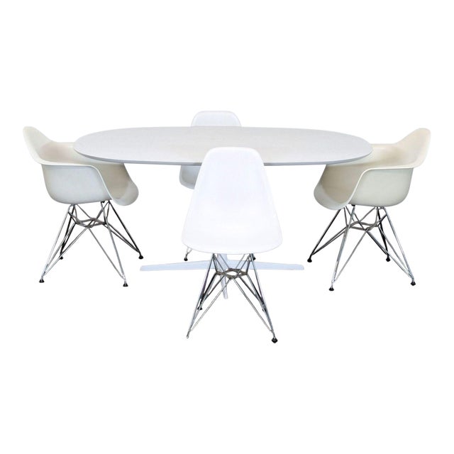 Eames Eolo Modern White Dining Set With Oval Table and 4 Eiffel Chairs For Sale