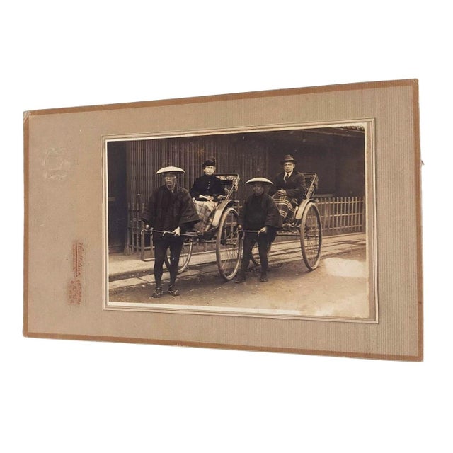 Japanese Early 20th Century Rickshaw Cabinet Card Nagasaki Japan European American White Man Woman Historical Image For Sale - Image 3 of 12