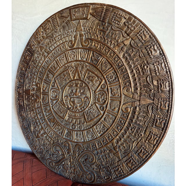 Mid-Century Modern Monumental Mexican Modernist Mid Century Angel Pazmino Style Aztec Inca Mayan Calendar Clay Wall Hanging Art Sculpture Bronze For Sale - Image 3 of 8