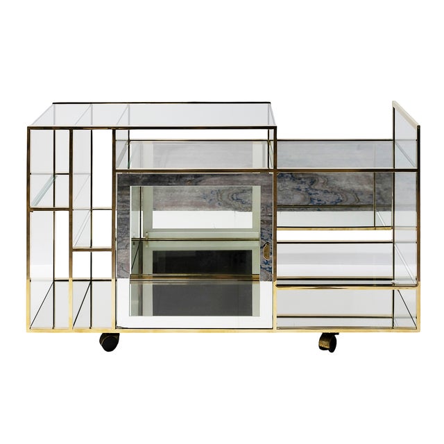 Italian Mid-Century large console/shelves/cart or furniture for audio system, with special space for records. Solid brass...