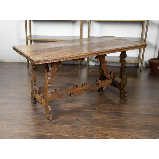 Italian Baroque Style 19th Century Walnut Table with Carved Trestle Base For Sale - Image 9 of 12