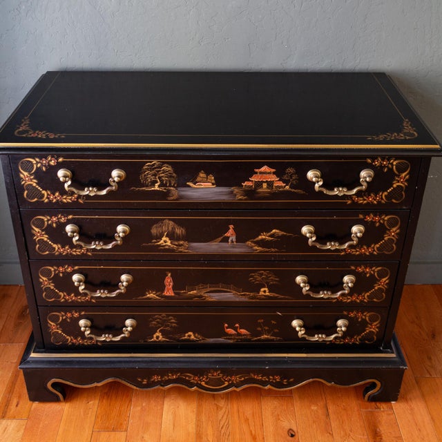 Japanese Habersham Black Chinoisere Hand Painted Chest of Drawers | Dresser For Sale - Image 3 of 18