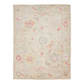 Hand-Knotted Modern Oushak Style Wool Rug – Muted Pastel Floral Transitional For Sale