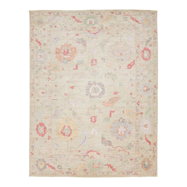 Hand-Knotted Modern Oushak Style Wool Rug – Muted Pastel Floral Transitional For Sale