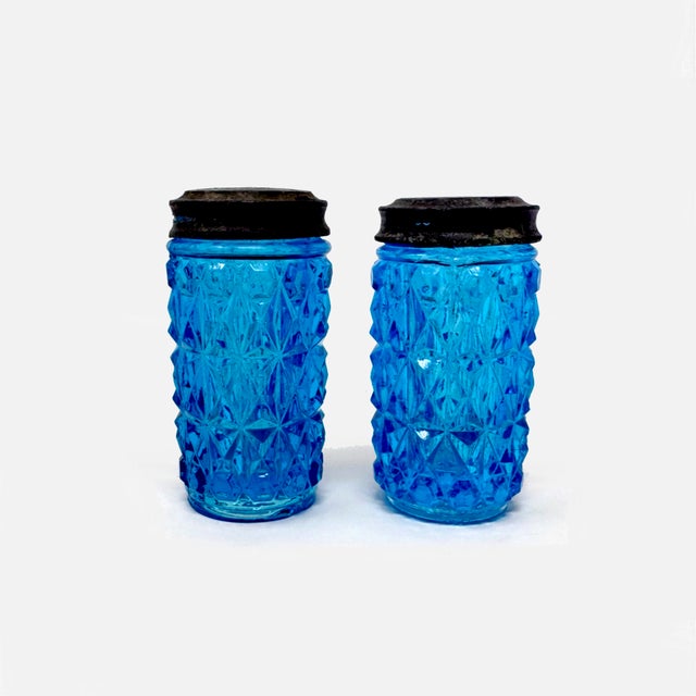 Vintage Eapg Blue Glass Salt & Pepper Shakers - Diamond Point For Sale In Houston - Image 6 of 8