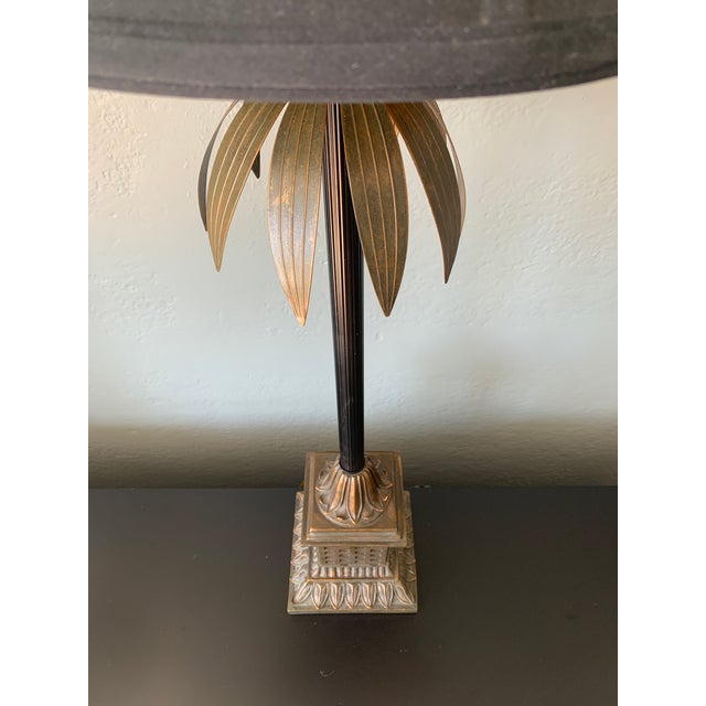 Late 20th Century Large Palm Buffet Lamps With Brass Accents and Black Shades, Pair For Sale - Image 9 of 13