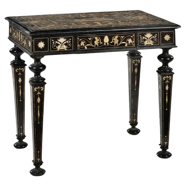 19th Century Italian Table in Ebonized Wood and Engraved Inlays For Sale