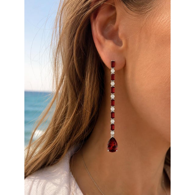 Metal Garnet Long Drop Earrings, Silver, Gold, Pair For Sale - Image 7 of 8