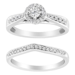 .925 Sterling Silver 1/3 Cttw Diamond Halo and Pave Shank Engagement Ring Set (I-J Color, I3 Clarity) - Ring Size 7 For Sale