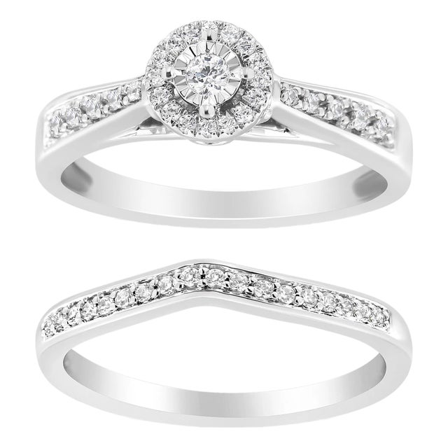 .925 Sterling Silver 1/3 Cttw Diamond Halo and Pave Shank Engagement Ring Set (I-J Color, I3 Clarity) - Ring Size 7 For Sale