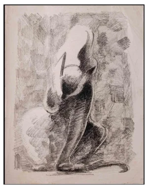 Giselle Halff, Cat, Charcoal Drawing, Mid 20th Century