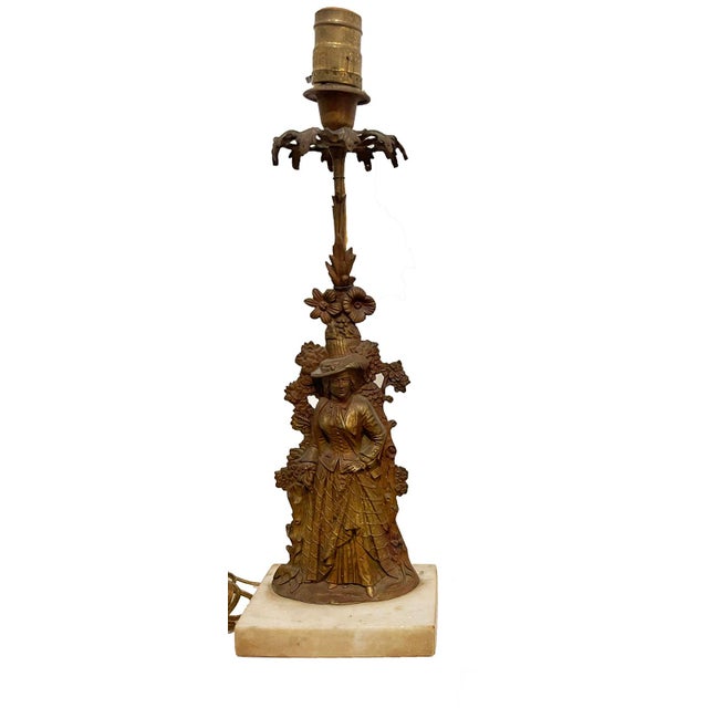 Victorian Vintage Figural Lady Table Lamps – Pair of Cast Metal & Stone Bases For Sale - Image 3 of 7