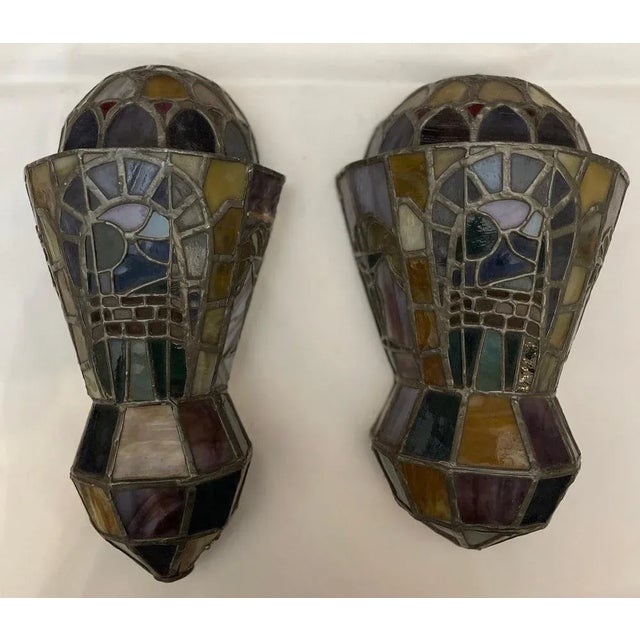 Art Deco Leaded Glass Wall Lights, 20th Century, Set of 2 For Sale - Image 9 of 9