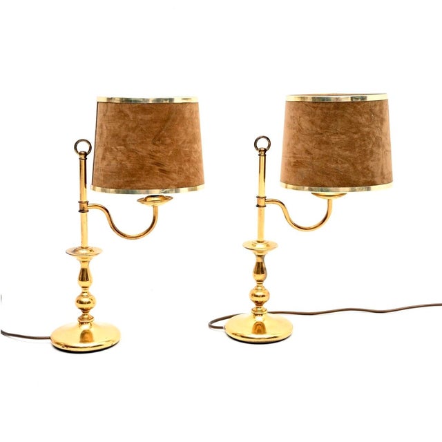 Brown Vintage Brass Table Lamps with Velvet Shades, 1970, Set of 2 For Sale - Image 8 of 8
