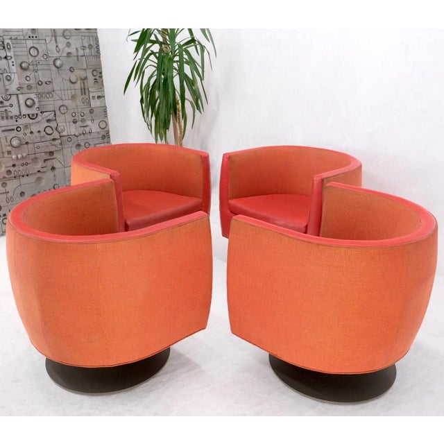 Milo Baughman Set of 4 Large Swivel Round Barrel Back Lounge Club Chairs Red Upholstery For Sale - Image 4 of 13