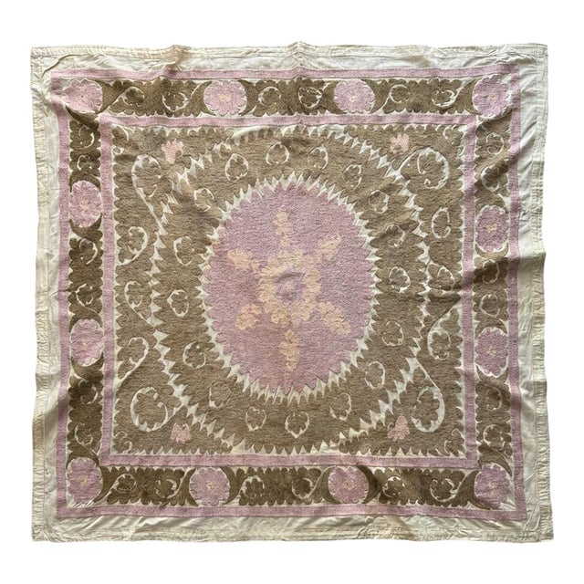 Hand-Embroidered Neutral Tan Suzani Wall Hanging Decor For Sale
