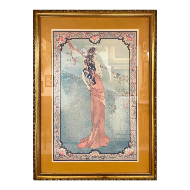 Art Nouveau Style Print Elegant Woman in the Forest For Sale