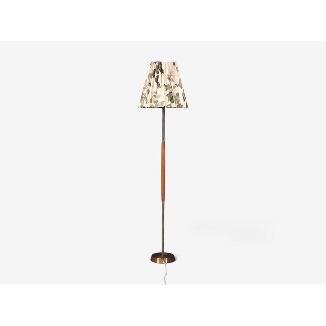 Green 1950s Swedish Modern, Floor Lamp, Teak, Brass, Pleated Floral Fabric For Sale - Image 8 of 10