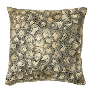 Schumacher Lotus Embroidery Pillow in Gold For Sale