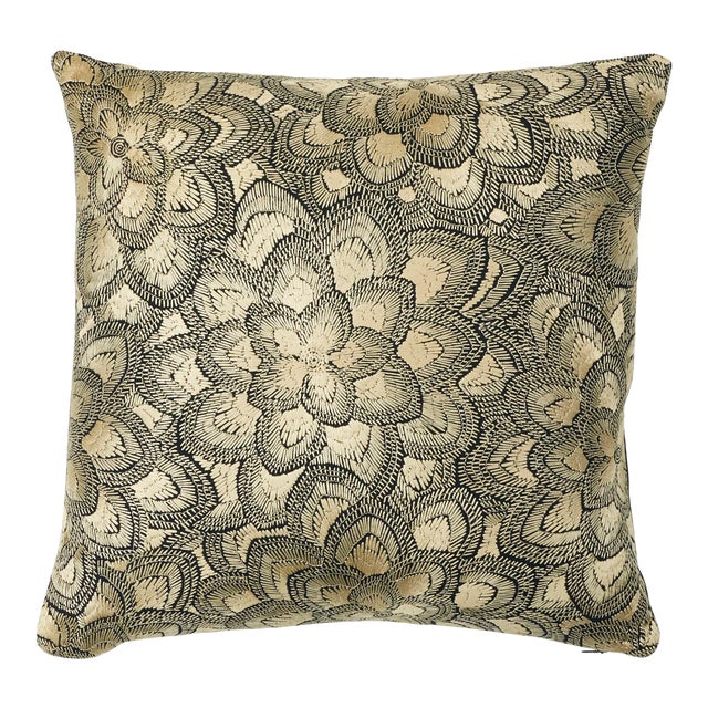 Schumacher Lotus Embroidery Pillow in Gold For Sale