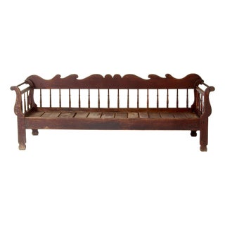 Antique 19th Century Wooden Spindle Back Bench With Scalloped Crest Rail For Sale