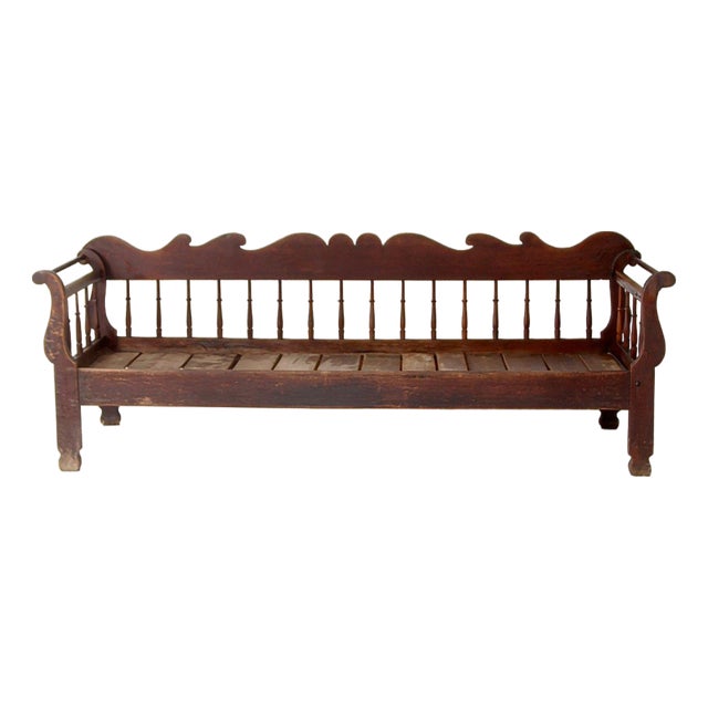 Antique 19th Century Wooden Spindle Back Bench With Scalloped Crest Rail For Sale