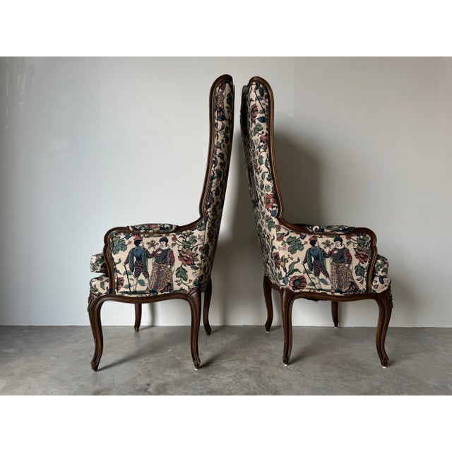 1960s Vintage Hollywood Regency Louis XV-Style High-Back Carved Wood Accent Chairs - A Pair/Sold For Sale - Image 5 of 12