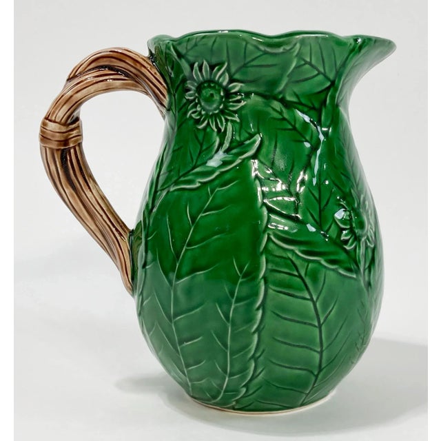 Late 20th Century Vintage Majolica Style Green Leaf Motif Pitcher For Sale - Image 5 of 11