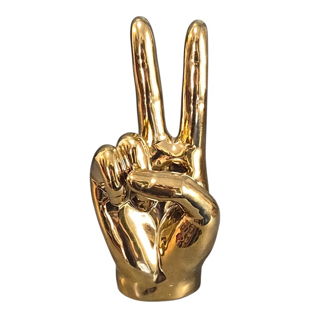 Metal Vintage Metallic Gold Coated Brass Peace Victory Hand Gesture For Sale - Image 7 of 7