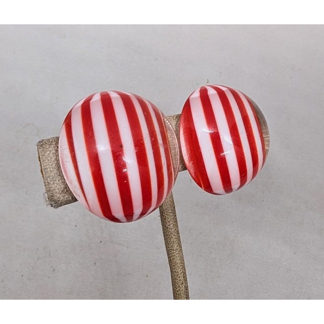 Mid-Century Modern Vintage 1970s Signed Crown Trifari Round Domed Clear, Red & White Striped Clip Earrings-2 Pieces For Sale - Image 3 of 7
