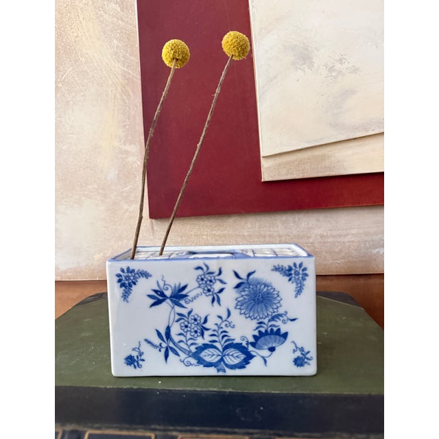 Chinoiserie Vintage Blue and White Flower Frog Andrea by Sadek Japan Rectangular Floral Vase For Sale - Image 3 of 12
