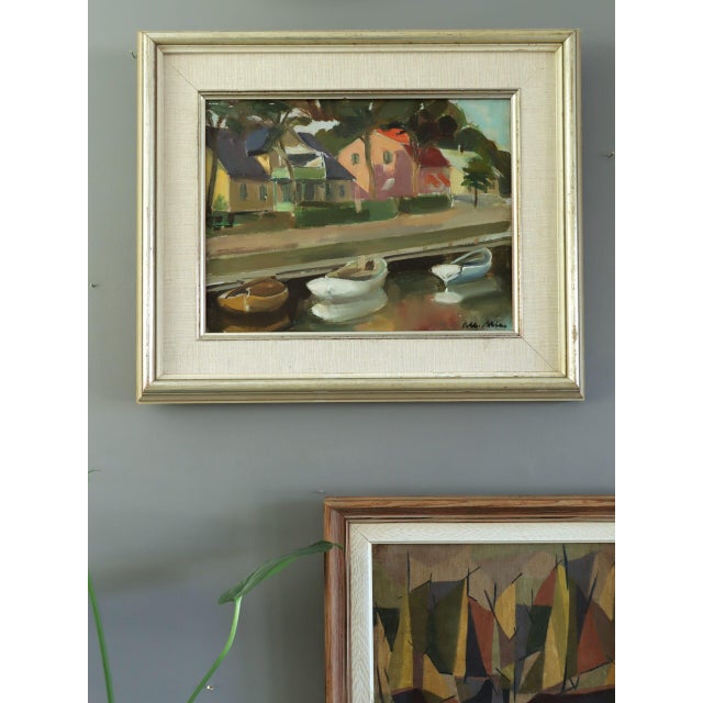 Mid 20th Century Mid-Century Modern 'Houses by the Canal' Swdish Expressionist Landscape Oil Painting, Framed For Sale - Image 5 of 12