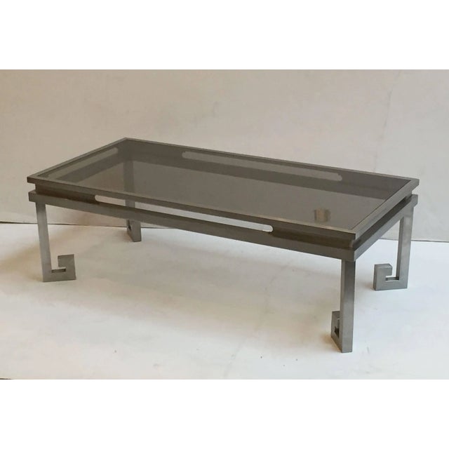 Mid 20th Century Large French Low Cocktail or Coffee Table of Brushed Steel and Smoked Glass, Greek Key For Sale - Image 5 of 11