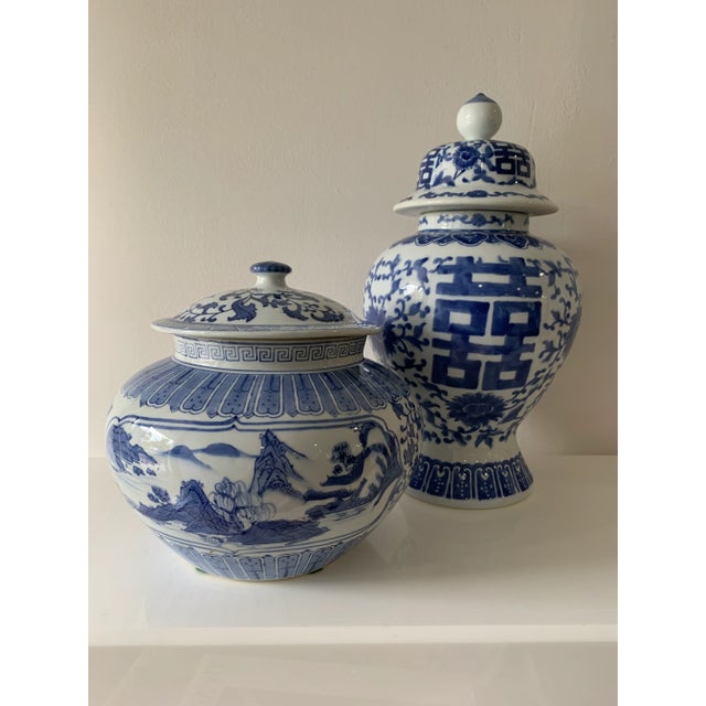 Mid 20th Century Chinese Blue and White Floral & Landscape Porcelain Lidded Urn For Sale - Image 9 of 11