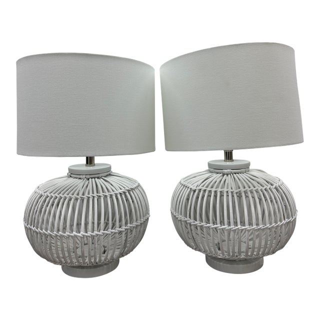 Lauren by Ralph Lauren White Rattan Table Lamps With White Shades - a Pair For Sale