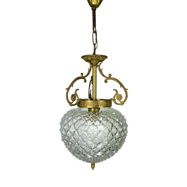 Brass and Pressed Crystal Pendant Light For Sale