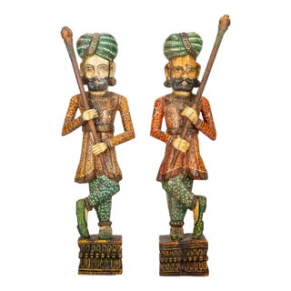 Antique Large Solid Wood Rajasthani Royal Guard Gatekeeper Figurines - a Pair For Sale