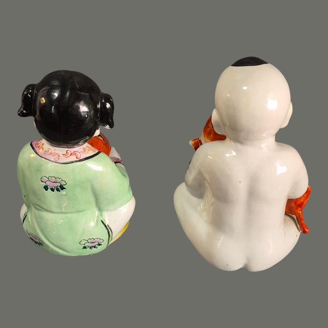 Vintage Pair Asian Hand Painted Porcelain Lucky Children Longevity Feng-Shui Figurines For Sale - Image 4 of 8