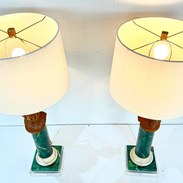 2010s Pair of Faux Marble Wood Lamps on Lucite Bases For Sale - Image 5 of 12