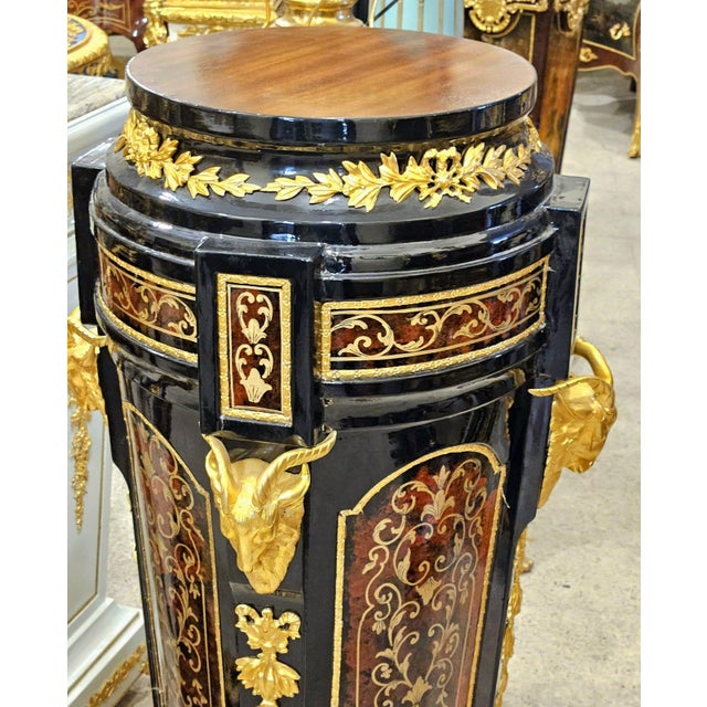 2020s Black Wood Pedestal With Bronze Accents, Gold Leaf Details & Marble Top For Sale - Image 5 of 6